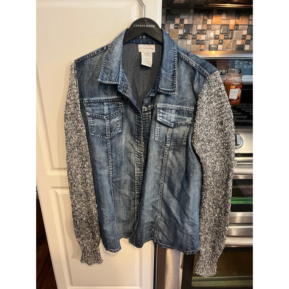 Soft Surrounding Denim Jean Knit Sequined Sleeved Shirt